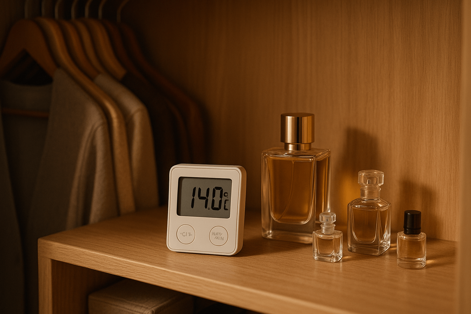 옷장 선반에 디지털 온도계가 14도라고 표시되고, 여러 향수병이 가지런히 진열된 따뜻한 조명 장면