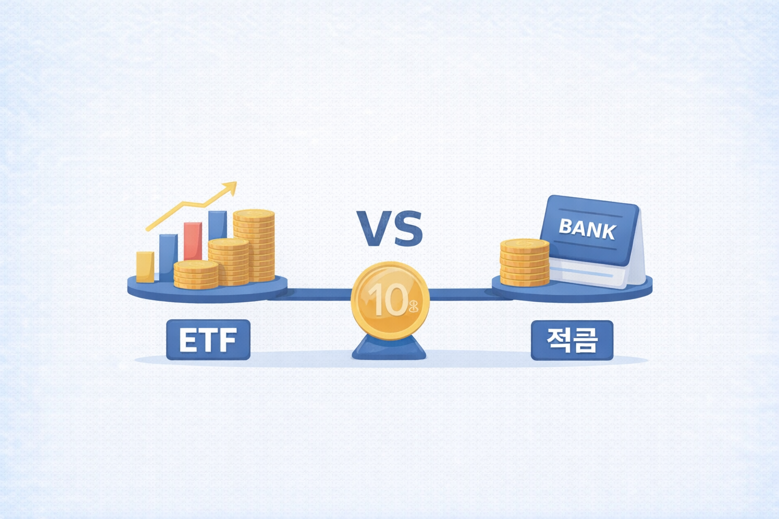 ETF 포트폴리오와 적금을 10년간 비교한 일러스트, ETF는 상승 그래프와 동전으로 성장성을 표현하고 적금은 통장과 동전으로 안정성을 나타낸 이미지