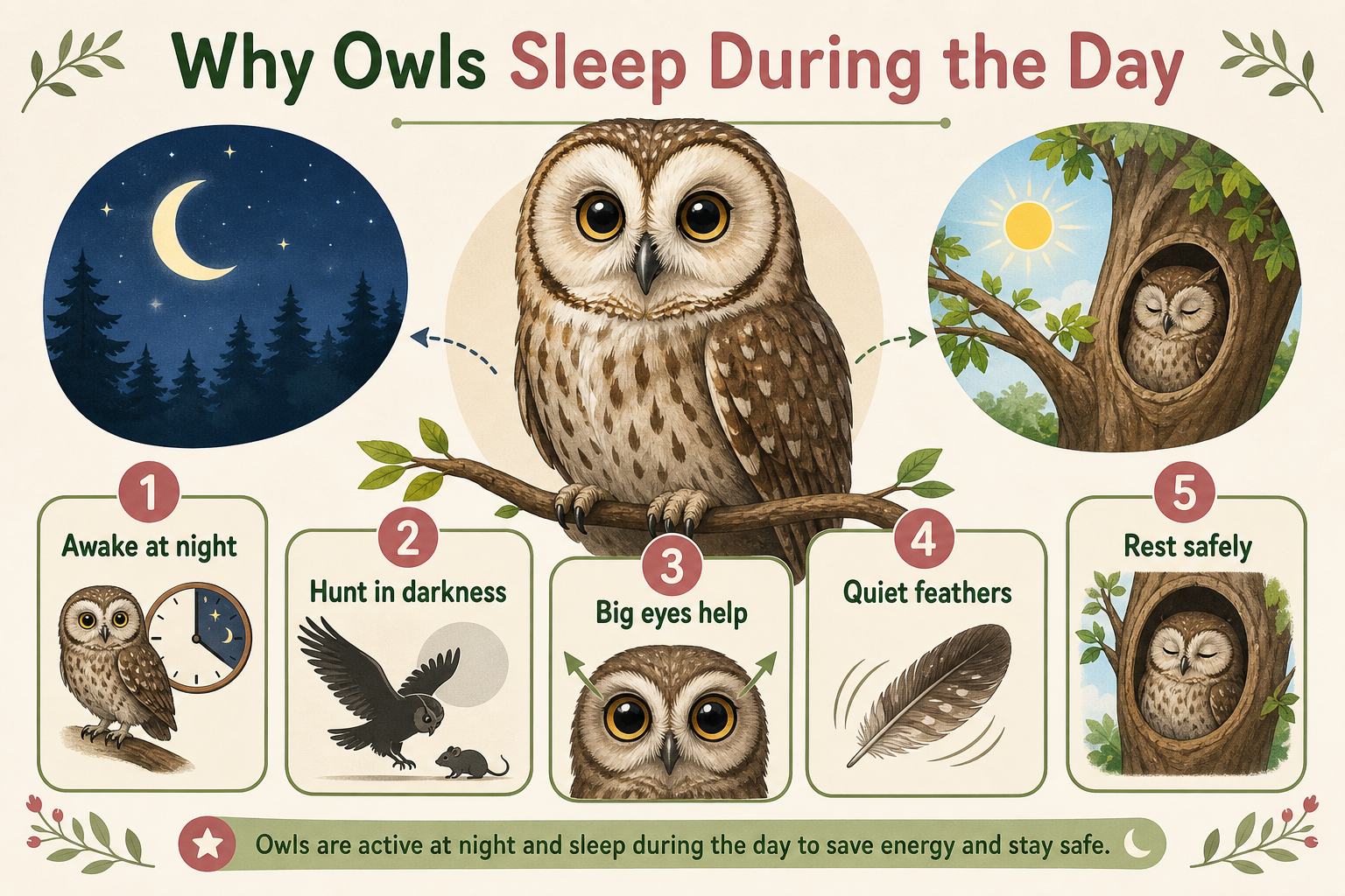 Infographic explaining why owls sleep during the day