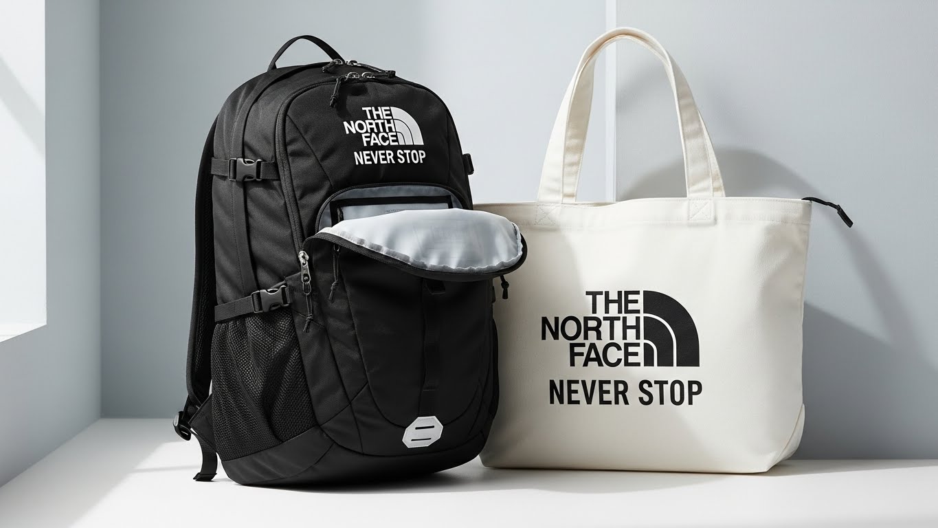 깔끔한 실내 인테리어 배경에 놓인 노스페이스 네버스탑 로고가 새겨진 블랙 백팩과 화이트 토트백 상세 이미지