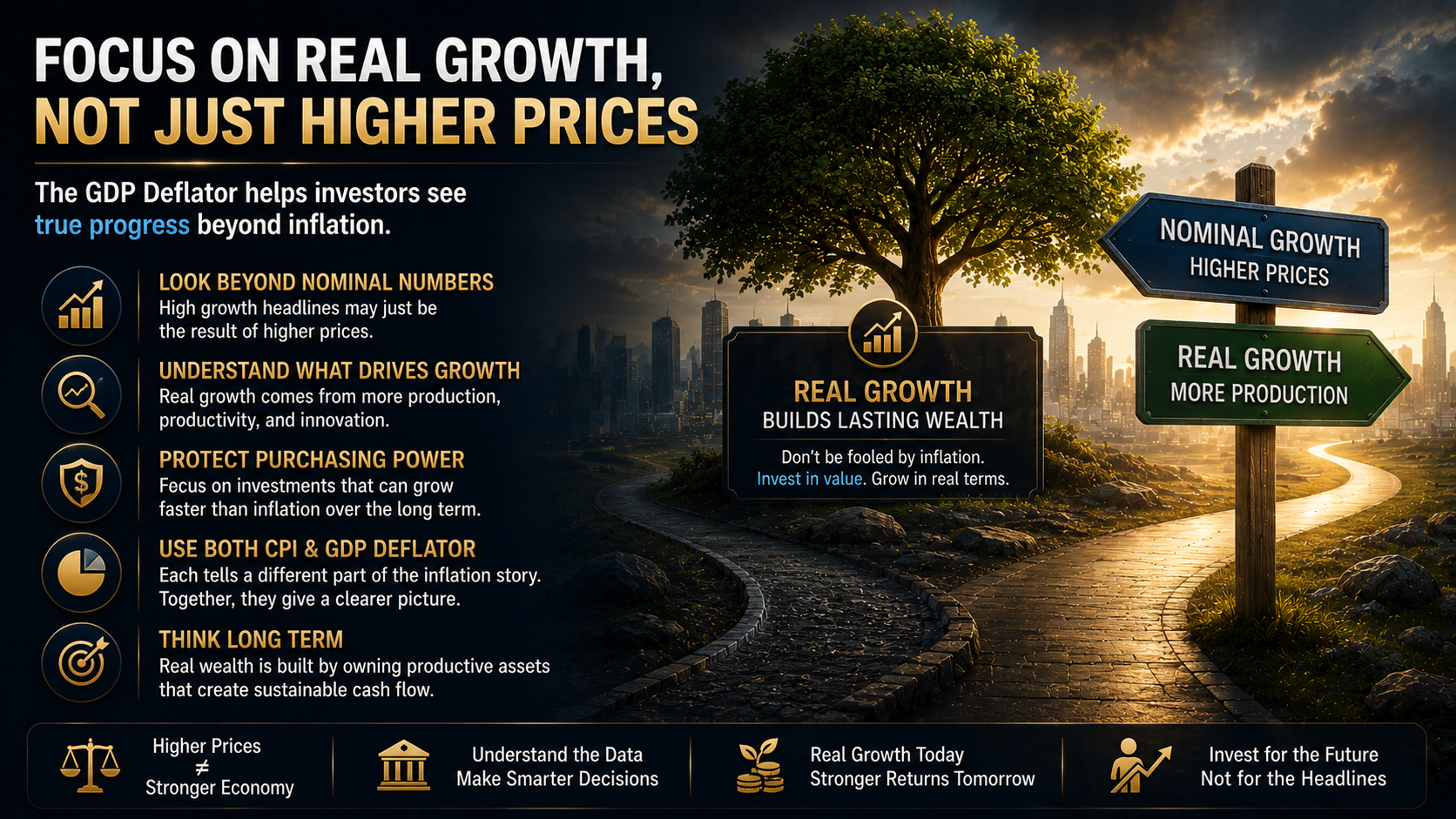 Long-term investing concept emphasizing real economic growth, purchasing power, and sustainable wealth creation beyond inflation.