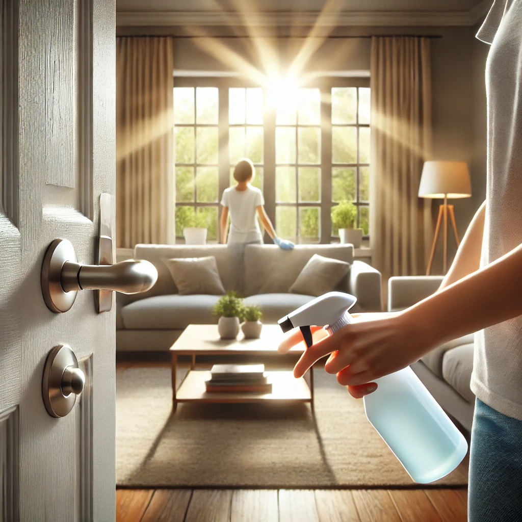 거실에서 도어 핸들을 소독하는 가족 구성원