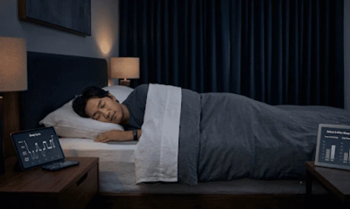 아늑한 침실에서 스마트워치를 차고 잠든 남성과 머리맡 테이블에 놓인 수면 사이클(Sleep Cycle) 그래프 데이터 화면