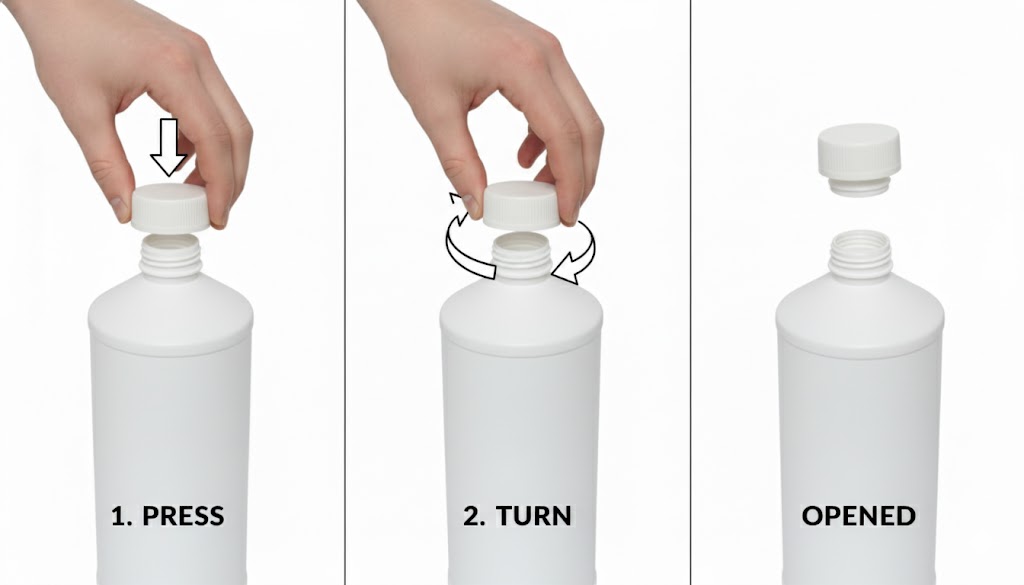 sCap의 안전한 '누르고 돌리는' 개봉 방식을 시각적으로 설명하는 3단계 인포그래픽 컨셉이미지. 삼양플라스틱 안전캡