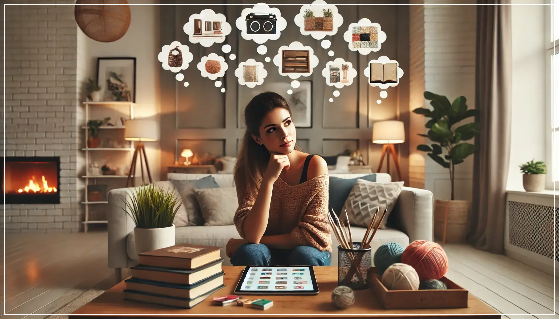 아늑하고-스타일리시한-거실에서-여러-취미를-고민하고-있는-젊은-여성
