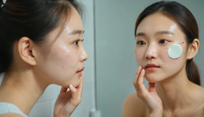 여드름 패치를 볼에 붙이며 거울을 보는 여성의 모습