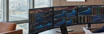 금리 인하 투자 성공을 상징하는 고급스럽고 미니멀한 개인 사무실 전경. 탁 트인 도시 전망과 정돈된 데스크가 어우러진 전문적인 분위기의 이미지