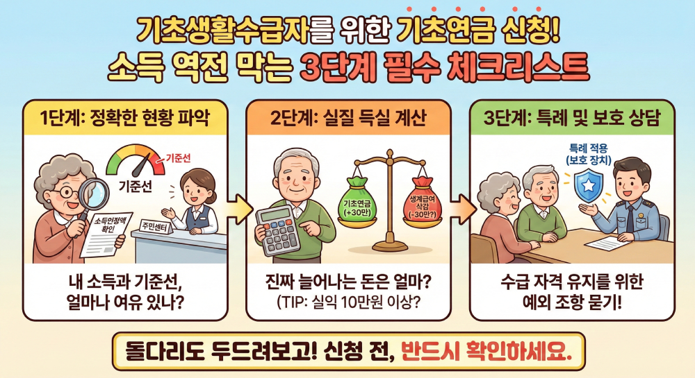 기초생활수급자를 위한 기초연금 신청 시 소득 역전을 막는 3단계 필수 체크리스트 인포그래픽