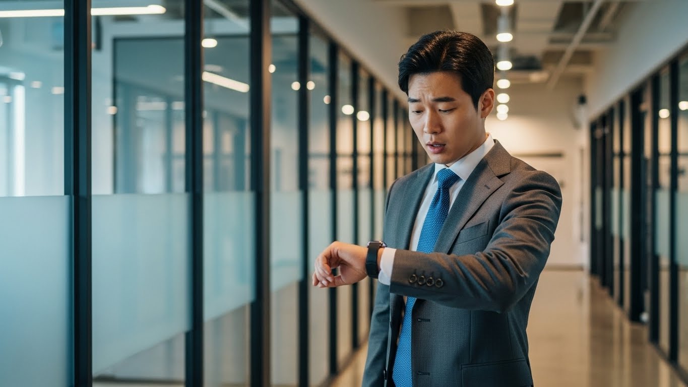 사무실에서 예상치 못한 일정 변동 알림을 스마트워치로 확인하는 직장인