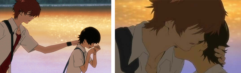 왼쪽 교복 입은 남학생, 교복 입은 여학생, 노을 진 강이 있고 오른쪽은 남 여가 얼굴을 마주 댄다.