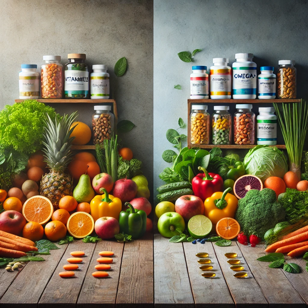 신선한 과일과 채소 vs 비타민 영양제 비교 이미지