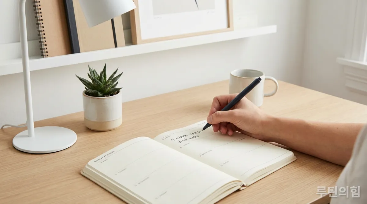 플래너에 간단한 목표를 적는 손, 슬로우 루틴 설계 단계를 시각화.