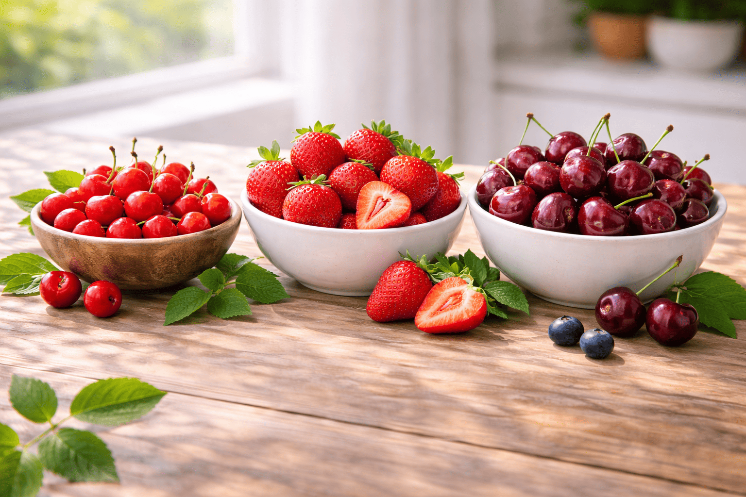 제철 과일 비교 (앵두, 딸기, 체리)