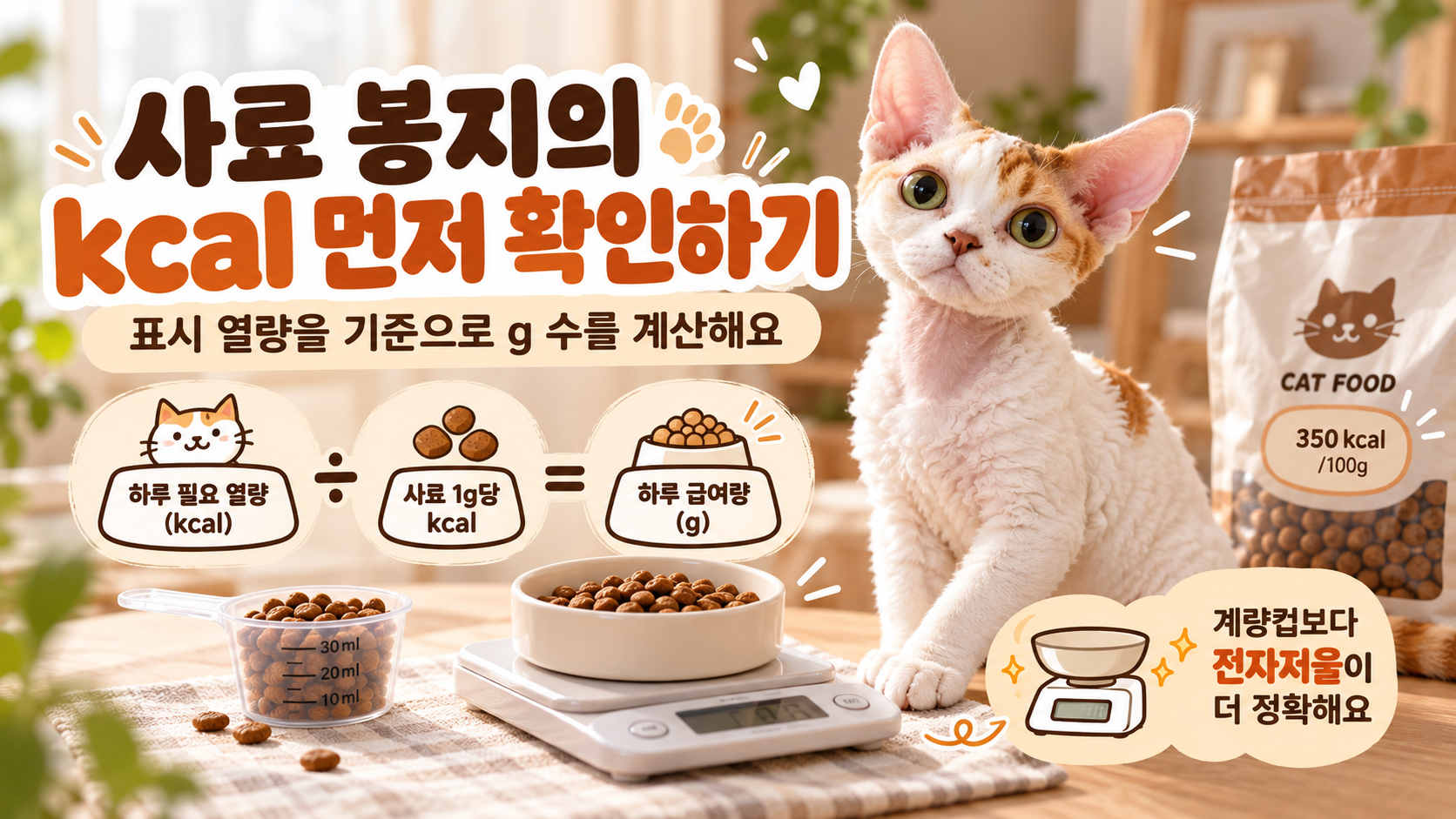 사료의 kcal 표시값을 이용해 하루 급여량을 g 단위로 계산하는 방법