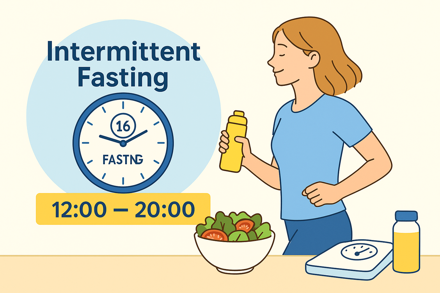 간헐적 단식 시간을 지키며 건강한 식단과 수분 섭취를 실천하는 사람의 건강한 하루 모습