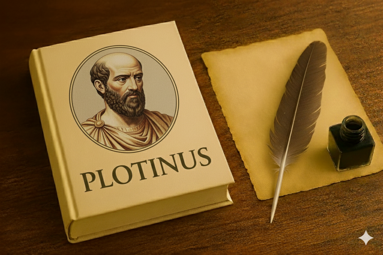 신플라톤주의 철학자 플로티누스의 초상화가 그려진 책 표지와 깃털 펜, 잉크병이 놓인 이미지