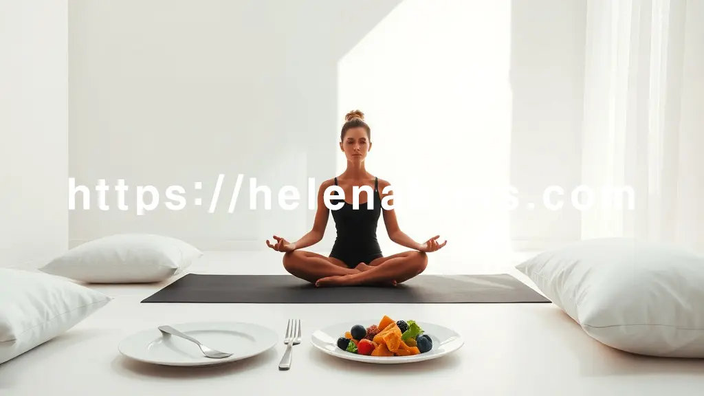 요가 매트 위에서 명상하는 듯한 사람의 실루엣, 규칙적인 식사를 상징하는 정갈한 접시와 포크, 따뜻한 수면을 위한 부드러운 베개가 한 공간에 조화롭게 배치되어 있다.