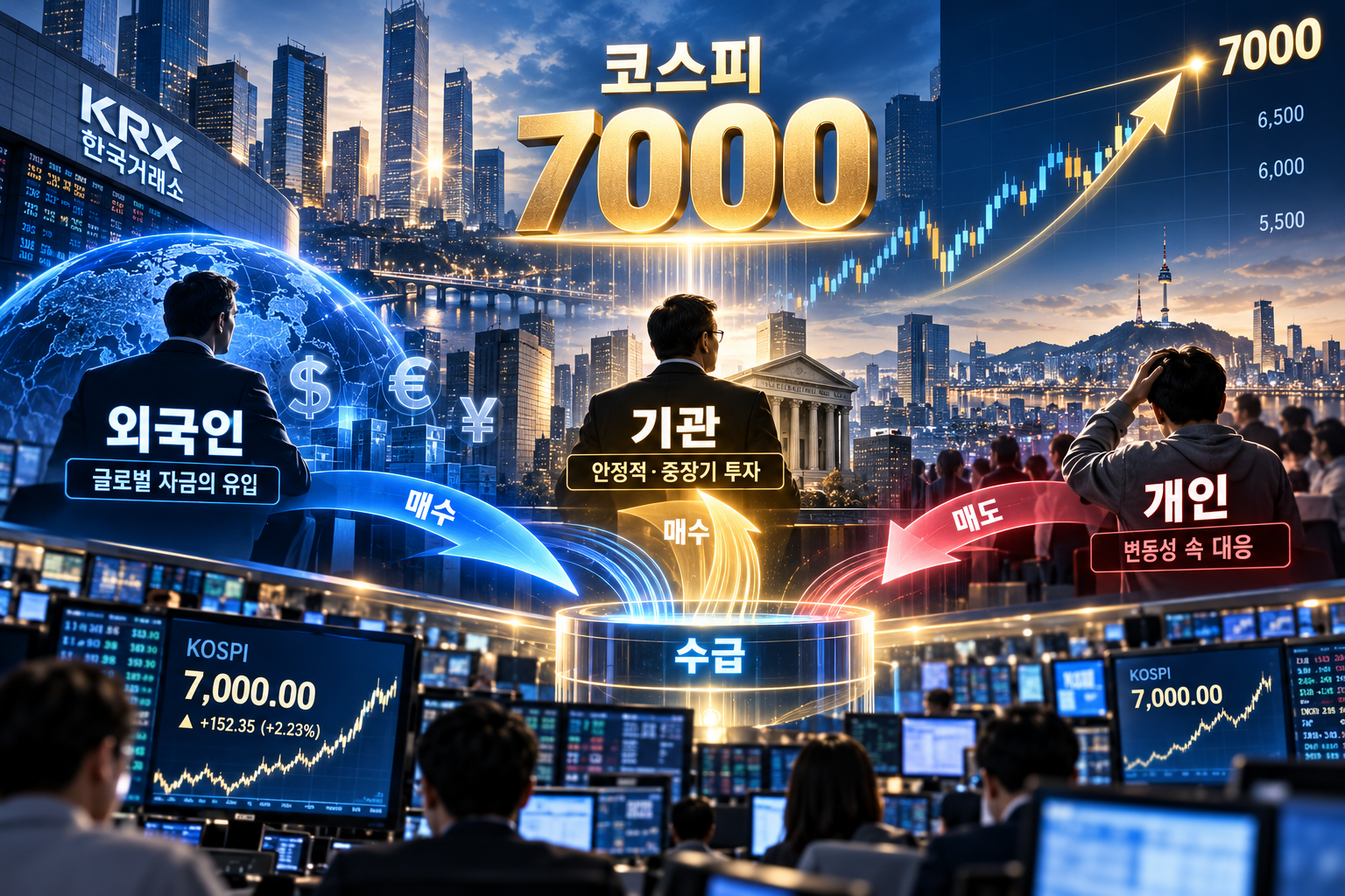 코스피 7000선과 외국인 기관 개인 투자자 수급을 표현한 한국 증시 이미지