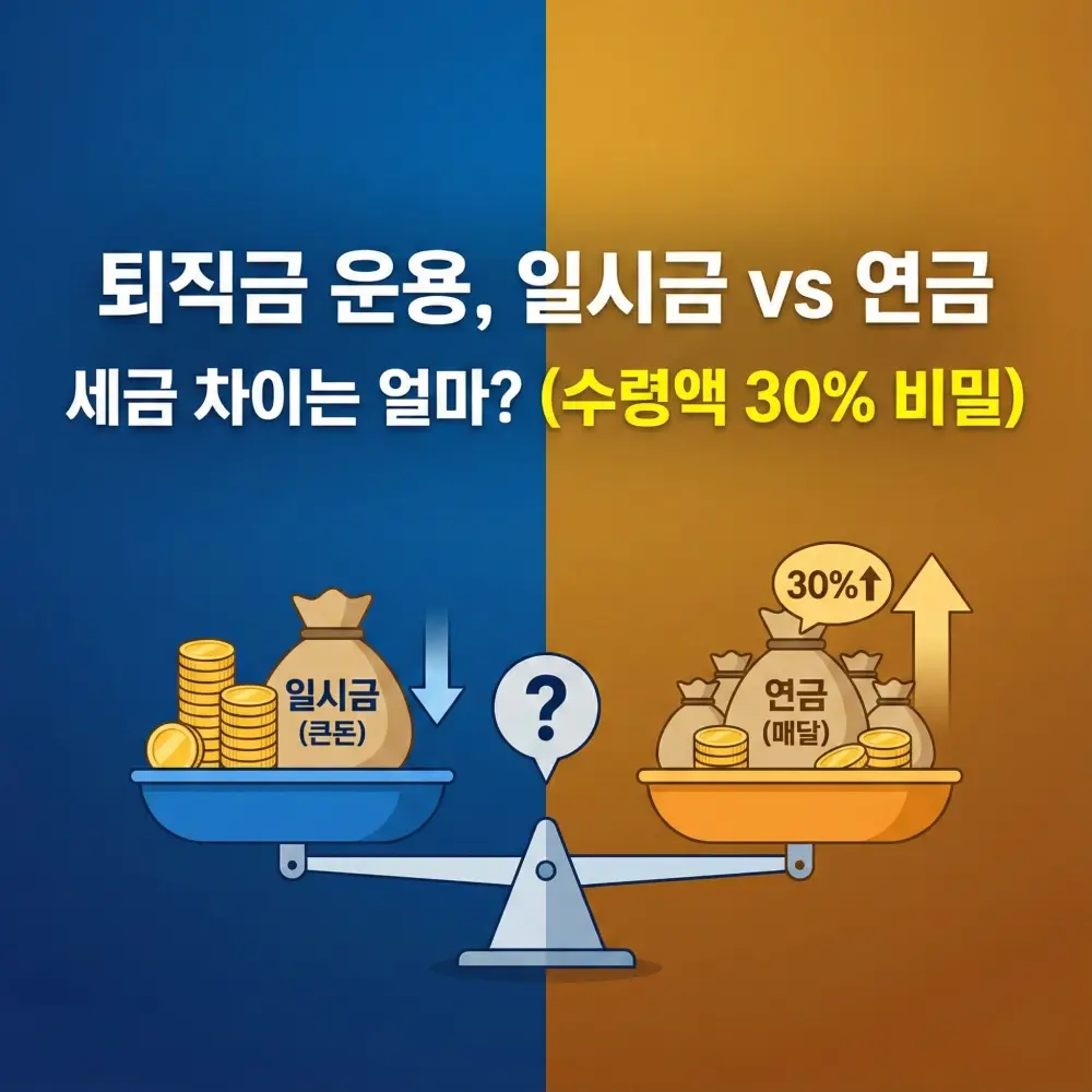 퇴직금 운용 시 일시금과 연금 수령의 세금 차이로 인해 수령액이 30%까지 달라질 수 있음을 비교하여 보여주는 블로그 썸네일