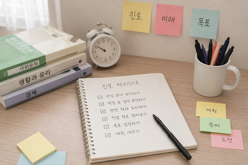 고2 문과 학생이 진로를 고민하며 체크리스트를 작성하는 장면