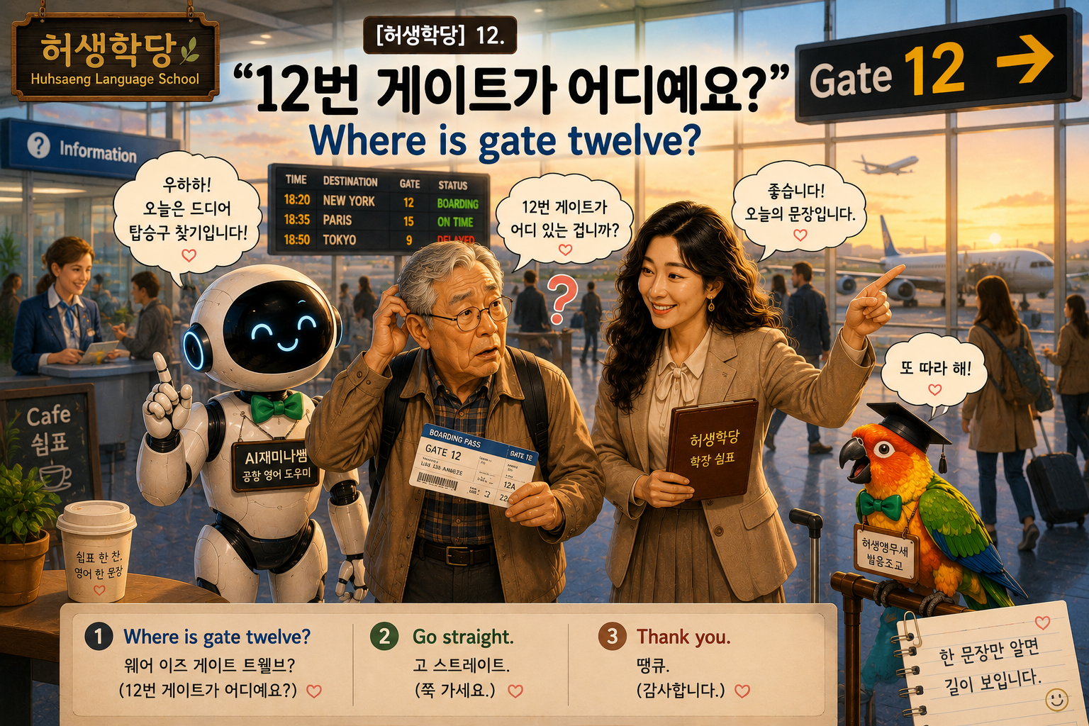 허생공항에서 12번 게이트를 찾기 위해 영어 문장을 연습하는 학우와 AI재미나쌤, 쉼표 학장, 허생앵무새의 모습