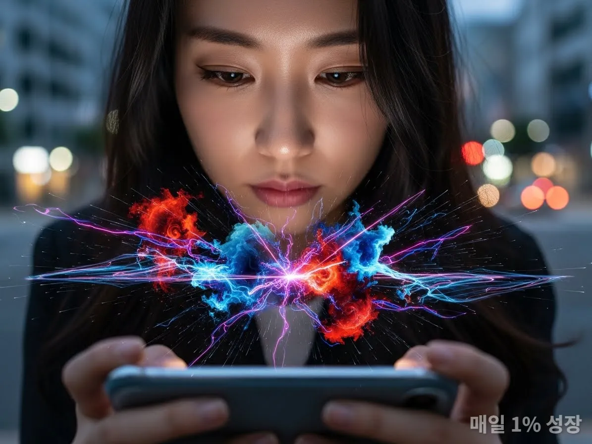 스마트폰을 보며 감정 기복을 느끼는 한국 여성