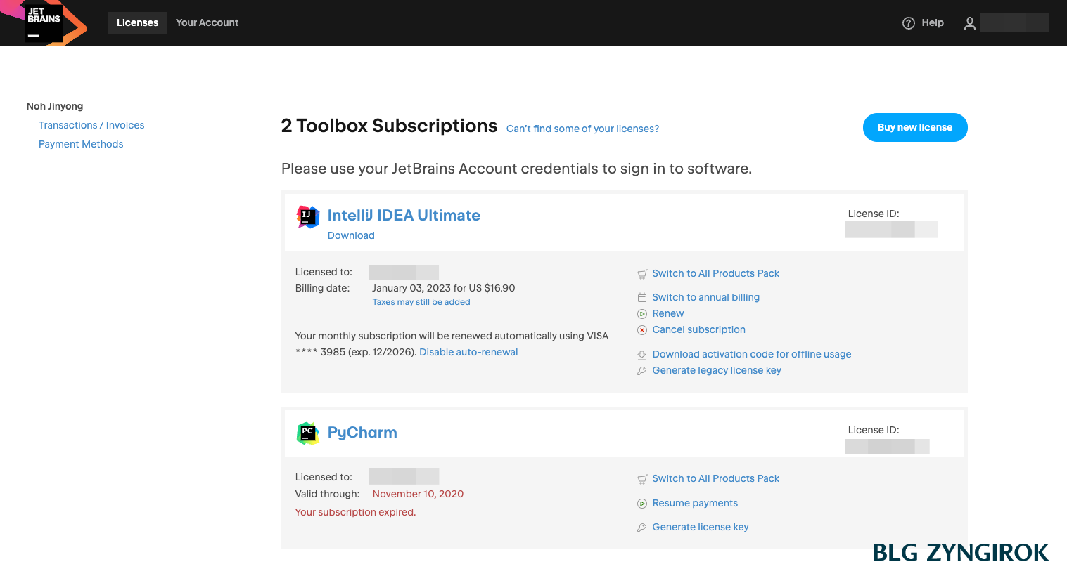 jetbrains-이용-서비스-정보-페이지-모습이다.