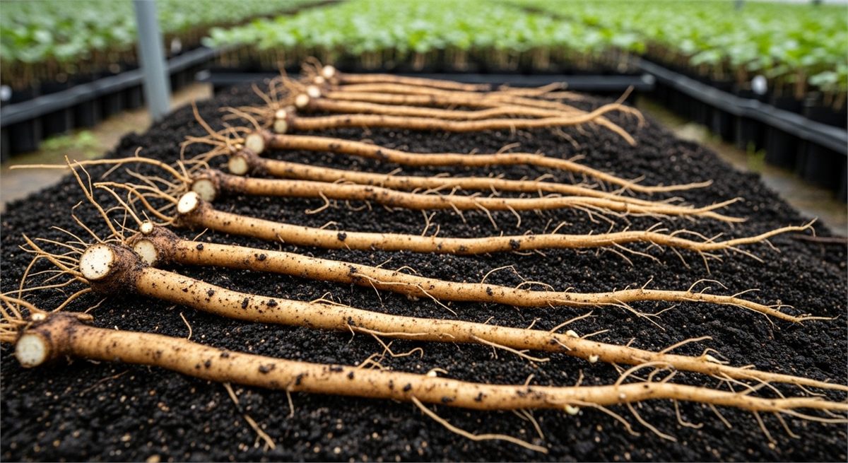 뿌리꺾꽂이용 뿌리 절편을 준비한 클로즈업 장면