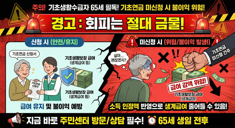 기초생활수급자가 만 65세가 되면 기초연금을 반드시 신청해야 함을 강조하는 경고 인포그래픽