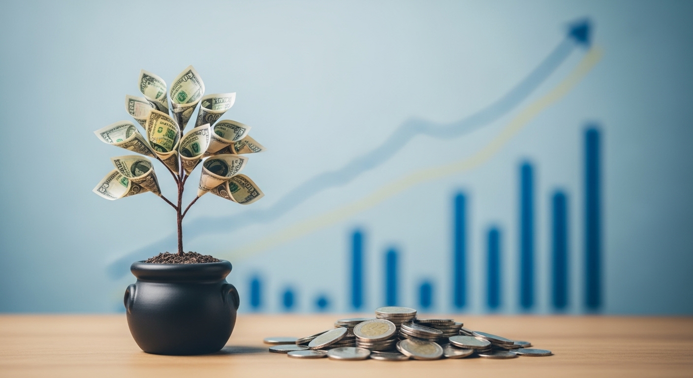 작은 동전 위에서 돈다발이 열리는 나무가 자라는 모습으로, 소액 투자의 성장을 표현함