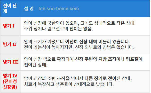 신장암 전이의 진행 단계