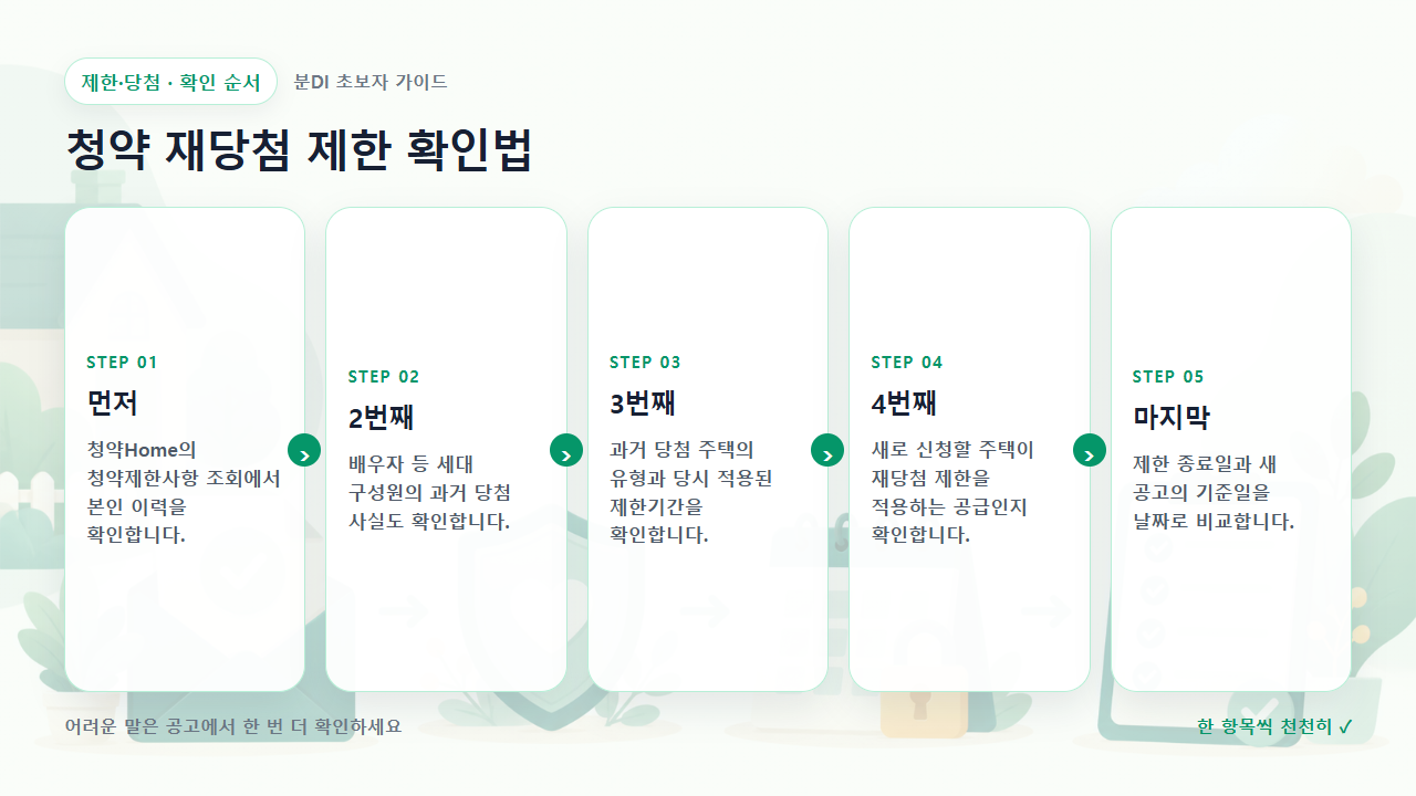 청약 재당첨 제한 확인법 확인 순서를 다섯 단계로 보여주는 흐름도