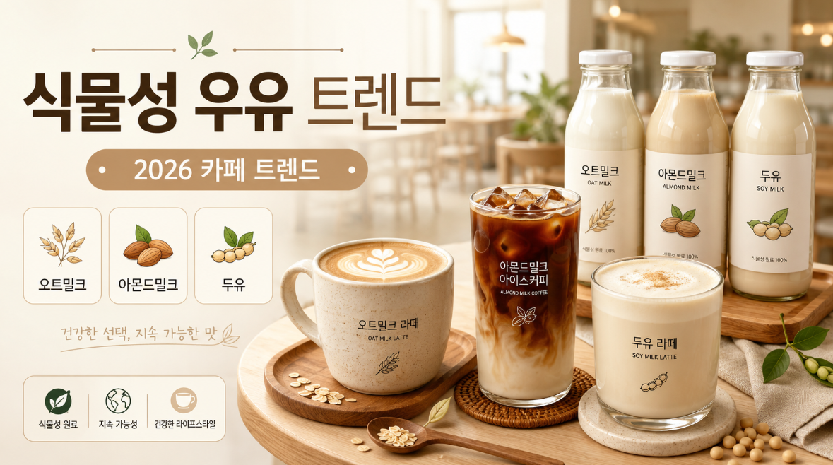 오트밀크, 아몬드밀크, 두유가 카페 식물성 우유 트렌드로 주목받는 이유를 보여주는 이미지