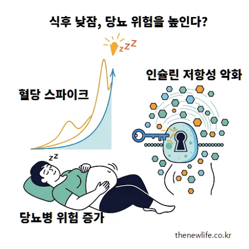 식후 낮잠이 혈당 스파이크와 인슐린 저항성을 유발해 당뇨병 위험을 높이는 과정을 설명한 인포그래픽