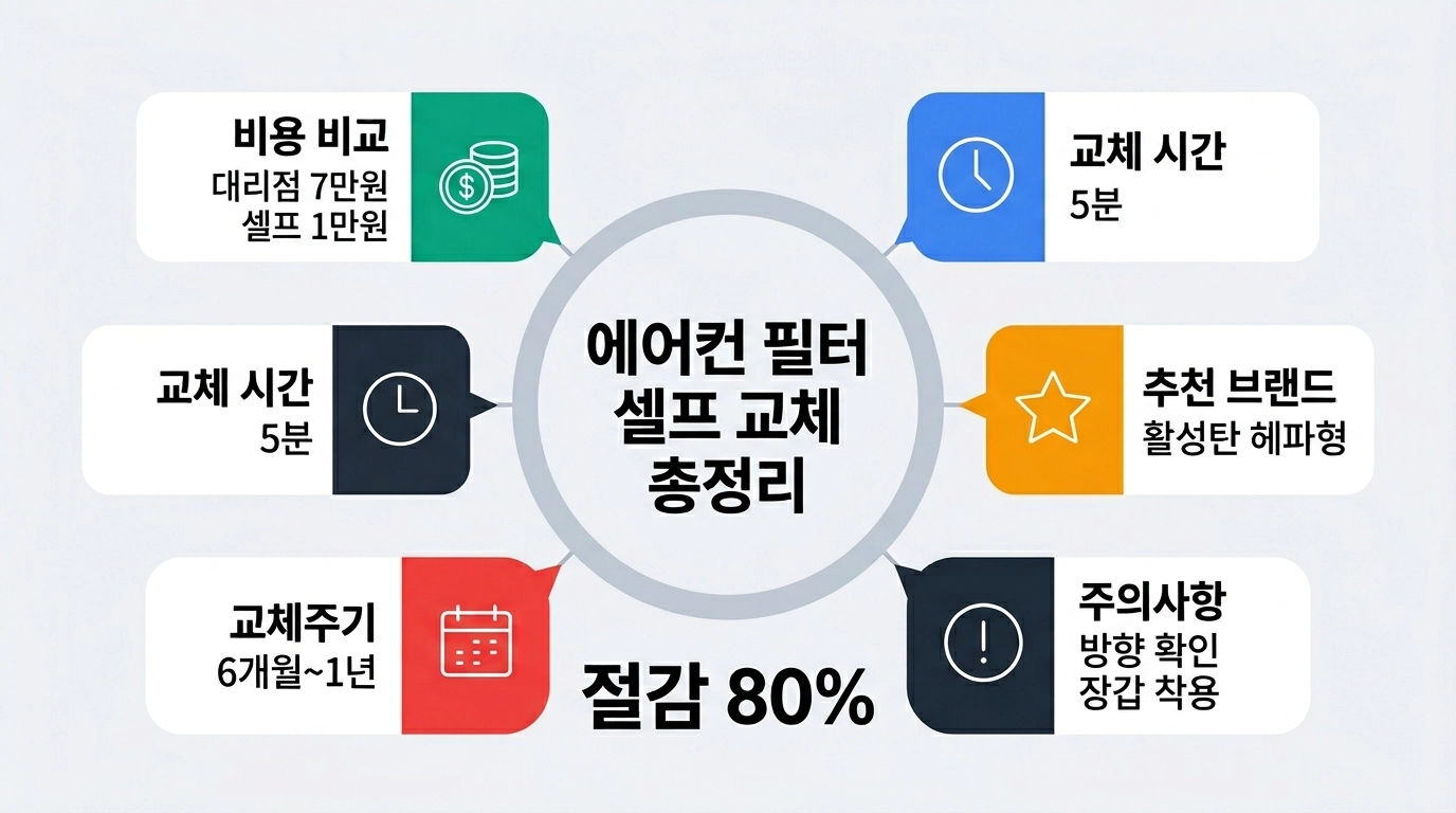 2026 에어컨 필터 셀프 교체 비용 비교 인포그래픽 &mdash; 대리점 카센터 셀프 가격 한눈에 보기