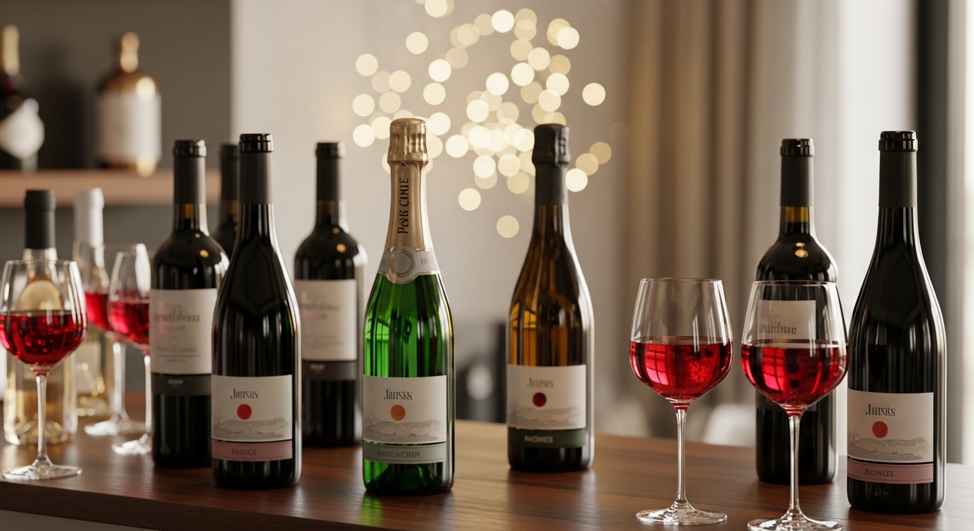 2025년 연말 홈파티를 위한 아늑하고 세련된 무알코올 와인 홈바 전경. 다양한 무알코올 와인병과 와인잔이 놓여 있으며, 건강하고 즐거운 분위기를 연출합니다.