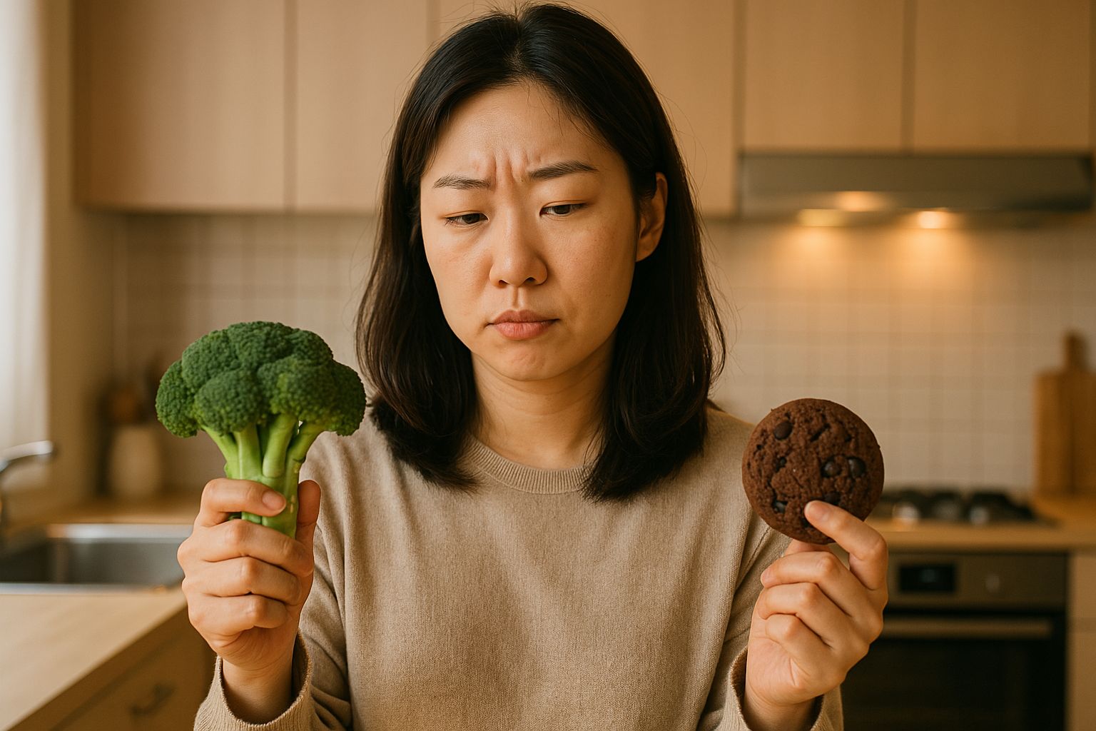 브로콜리 테스트를 실행 중인 사람이 한 손에는 브로콜리를, 다른 손에는 초콜릿 쿠키를 들고 진짜 배고픔을 확인하는 모습