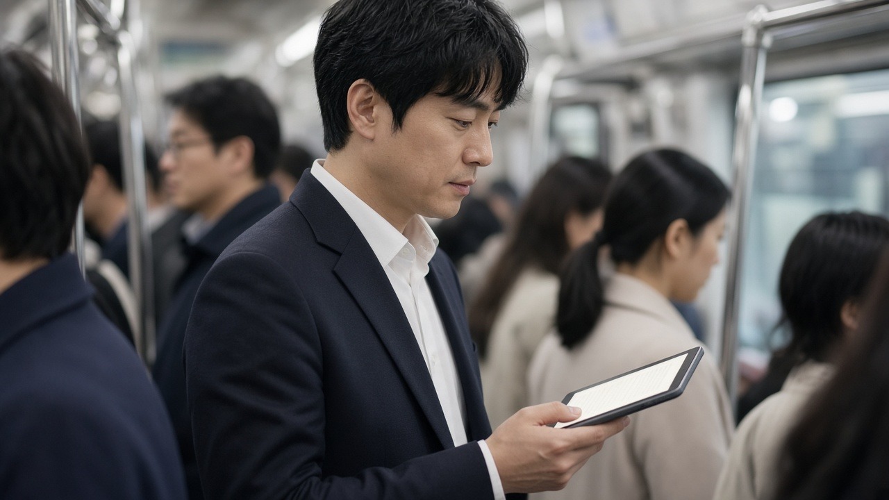 출근길 지하철에서 한 손에 소형 태블릿을 들고 전자책을 읽는 직장인