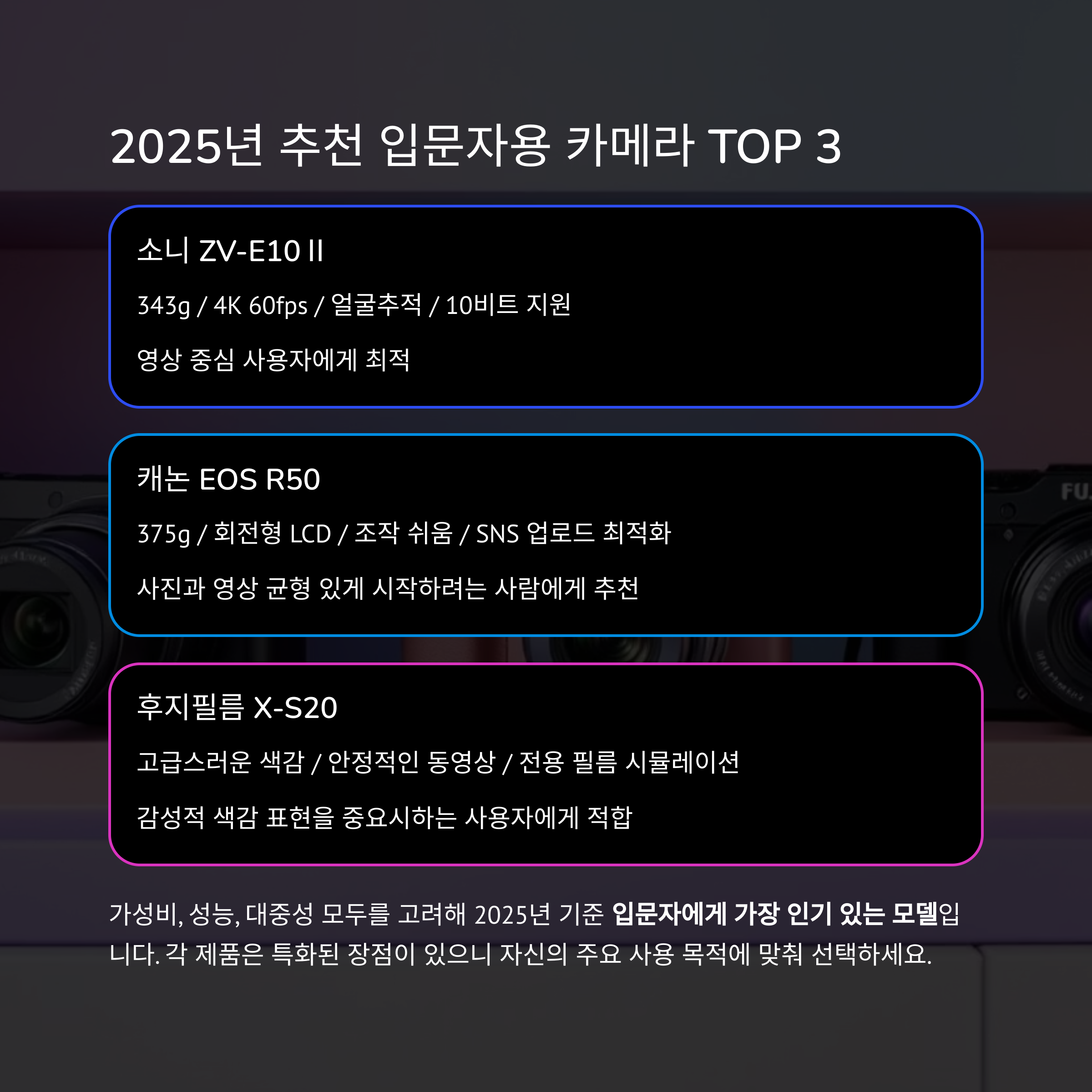 2025년 추전 입문자용 카메라 TOP 3