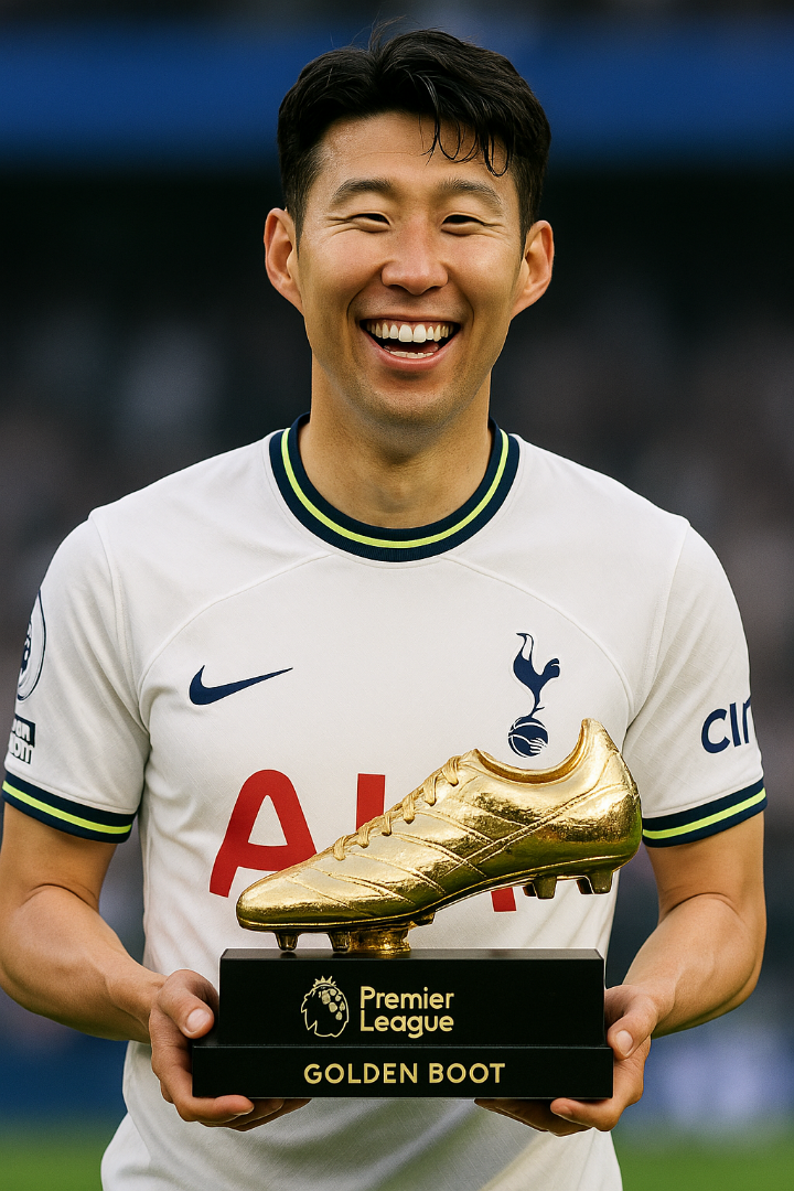 손흥민이 토트넘 유니폼을 입고 프리미어리그 골든 부트를 들고 환하게 웃는 모습