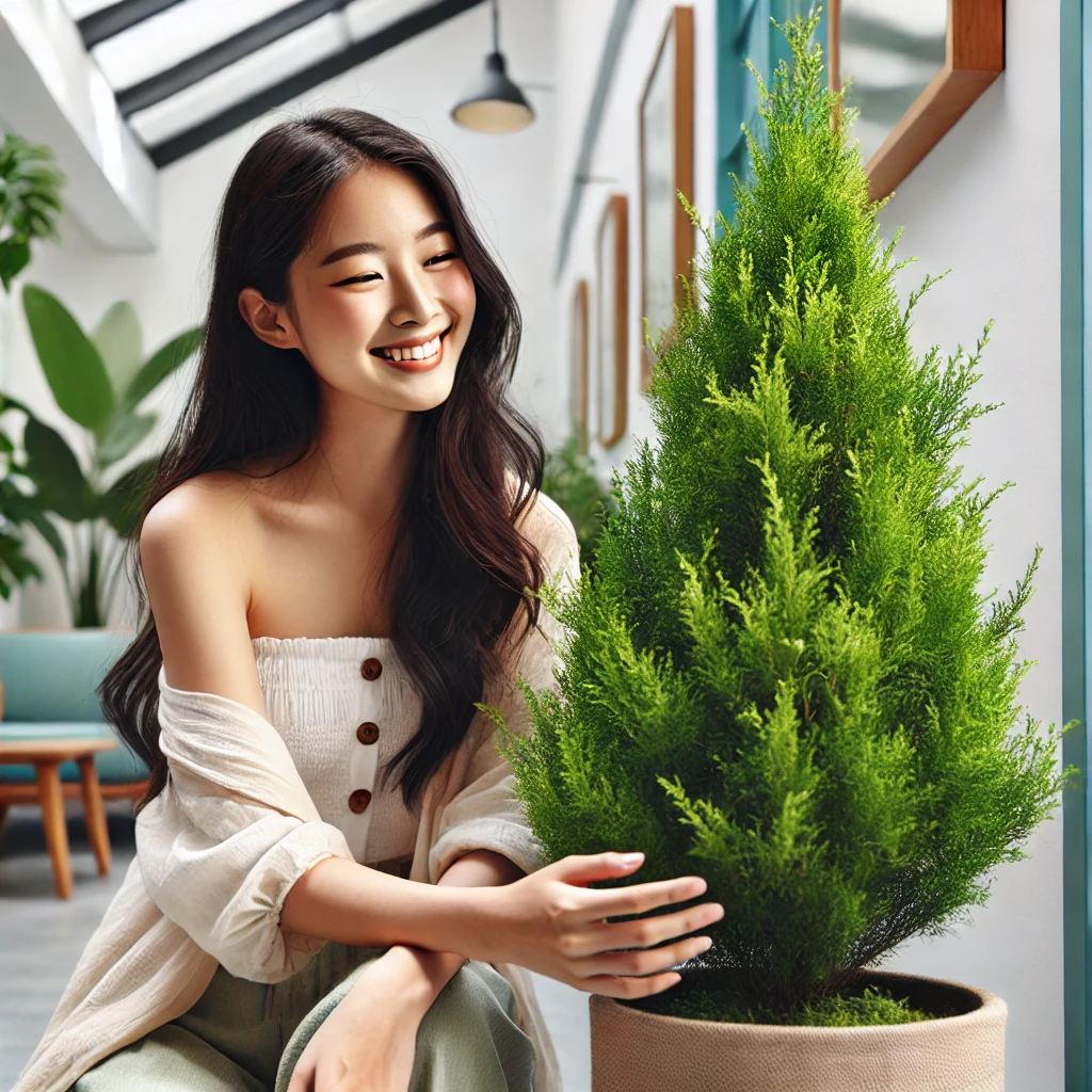 율마 나무를 지켜보며 환하게 웃고 있는 여성