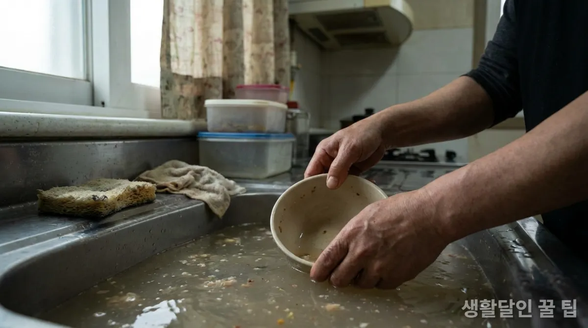 손으로 설거지하는 모습과 사용된 수세미