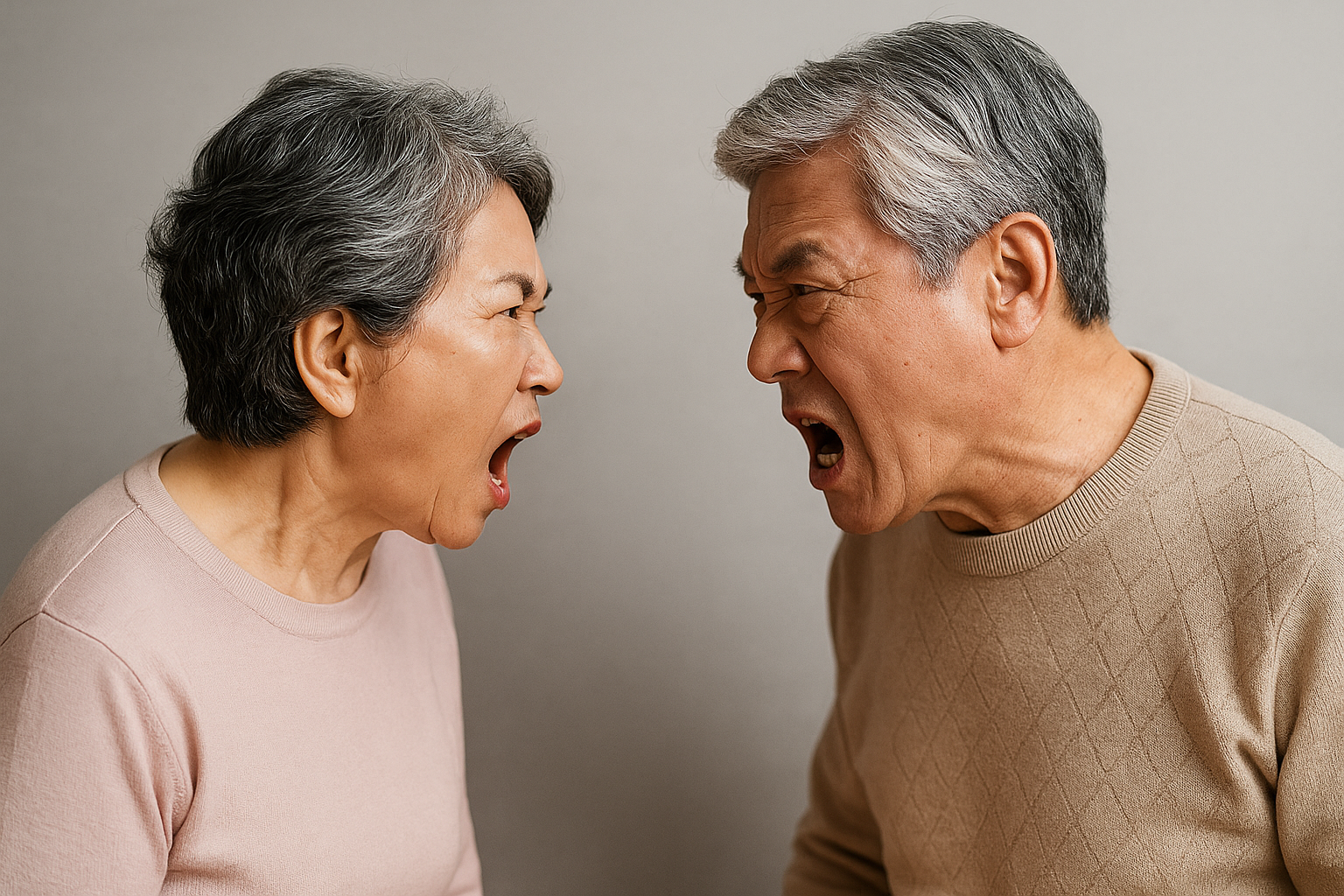 서로 마주보고 싸우는 노부부