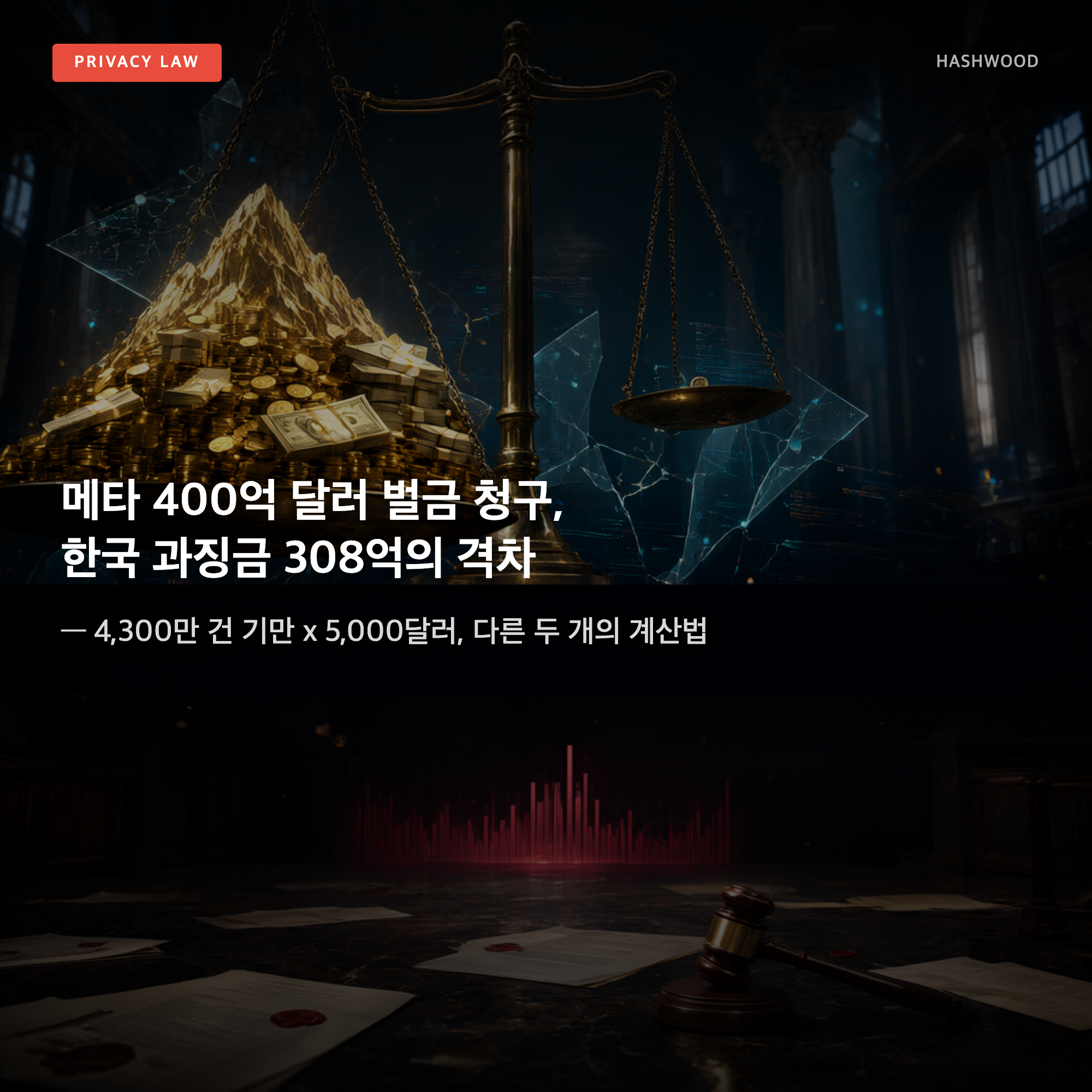 그림: 메타 400억 달러 벌금 청구, 한국 과징금 308억의 격차 — — 4,300만 건 기만 x 5,000달러, 다른 두 개의 계산법