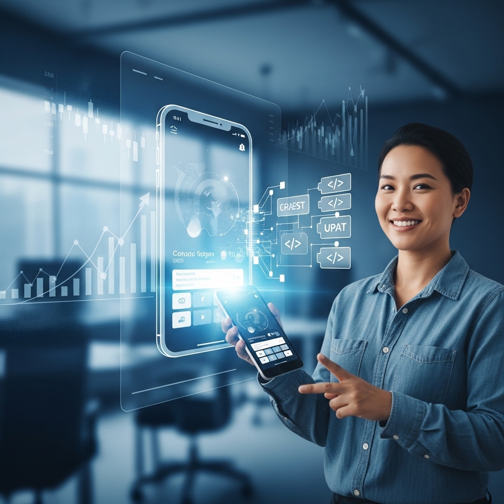 퇴사 후 노코드/로우코드 플랫폼으로 앱을 성공적으로 개발하여 비용을 절감한 창업가의 밝은 모습. 혁신적인 앱 화면과 함께 성장하는 스타트업 환경이 강조됨.