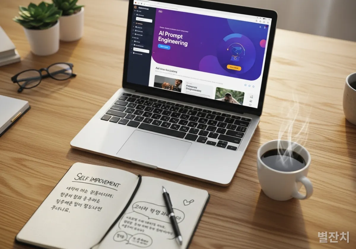 AI 프롬프트 엔지니어링 강의가 띄워진 노트북과 자기계발 노트가 있는 책상