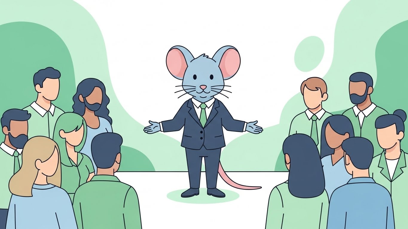 갈등을 유연하게 중재하며 비즈니스 소통의 리더십을 발휘하는 쥐띠 캐릭터의 현대적 벡터 일러스트