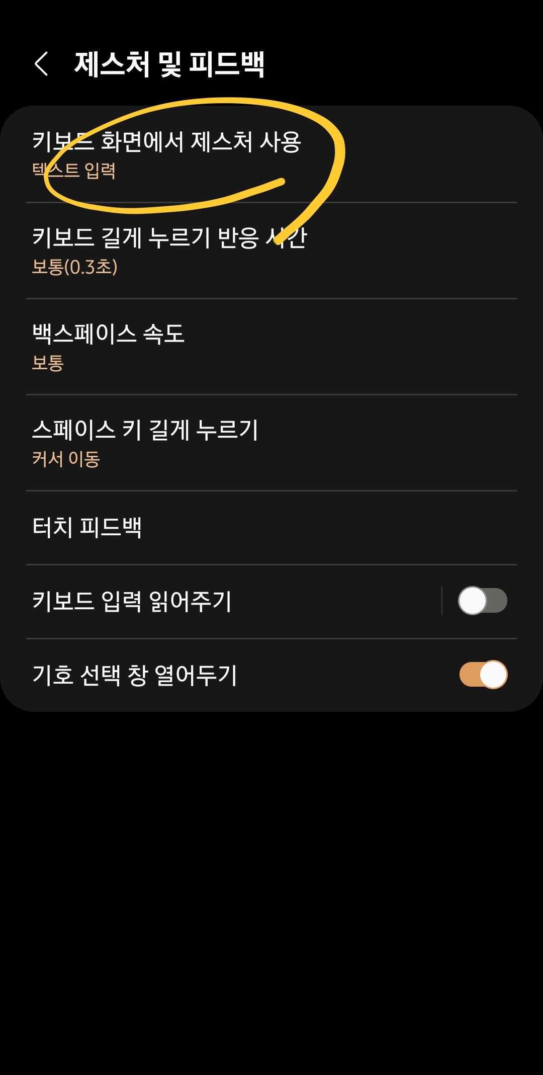 삼성 키보드 제스처 및 피드백 기능 화면