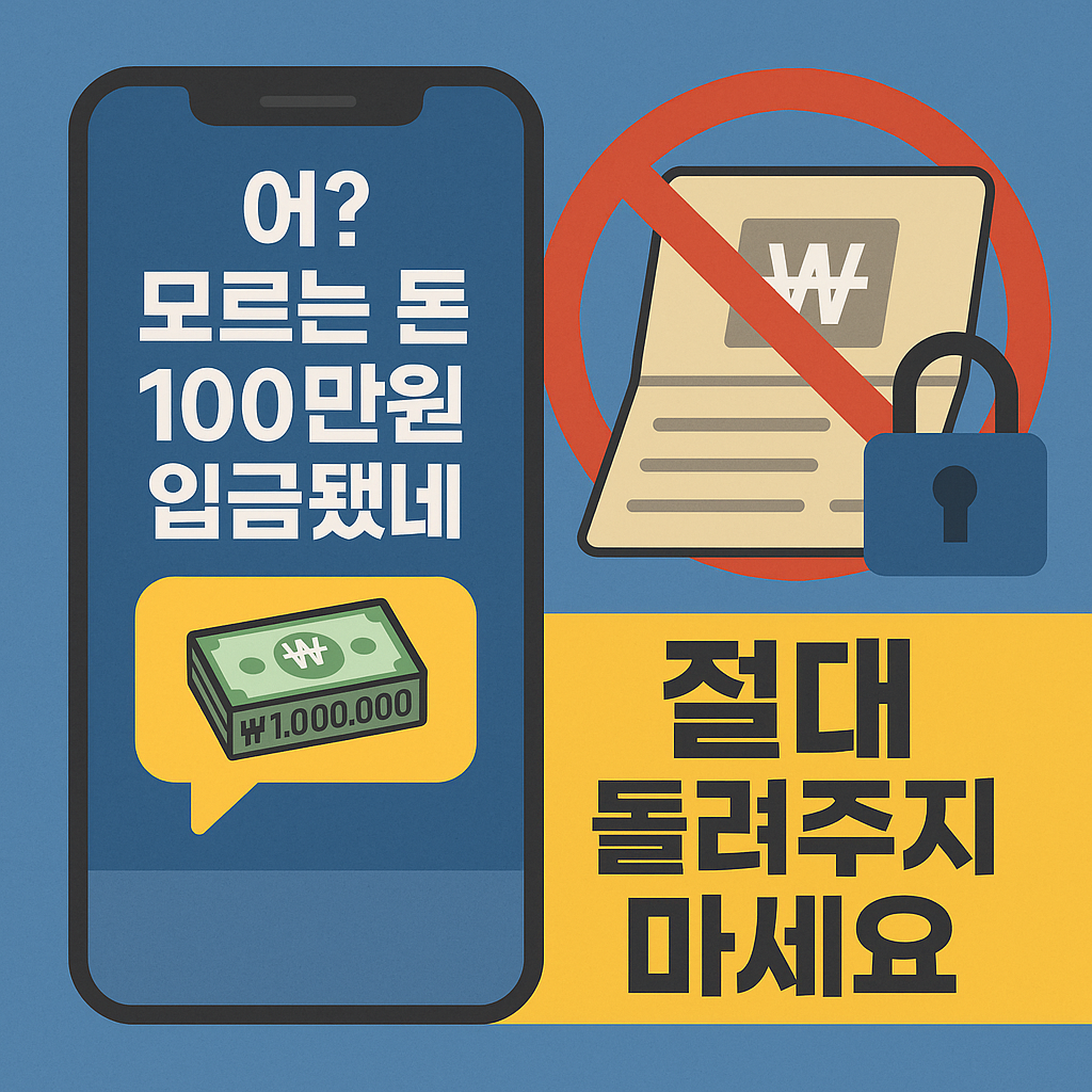 “의도치 않은 입금과 계좌 잠금 아이콘으로 표현된 신종 통장 묶기(보이스피싱 악용) 사기 경고를 상징적으로 보여주는 미니멀 디지털 일러스트”