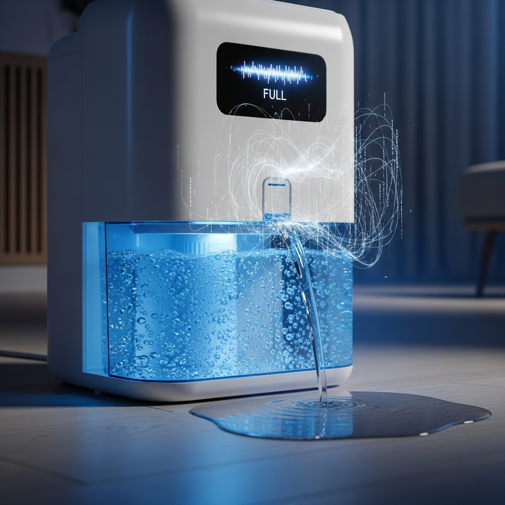 물통이 가득 찼지만 만수 알림 센서가 오작동하는 현대적인 제습기, 습한 집안에서 기술적 문제를 겪는 모습.